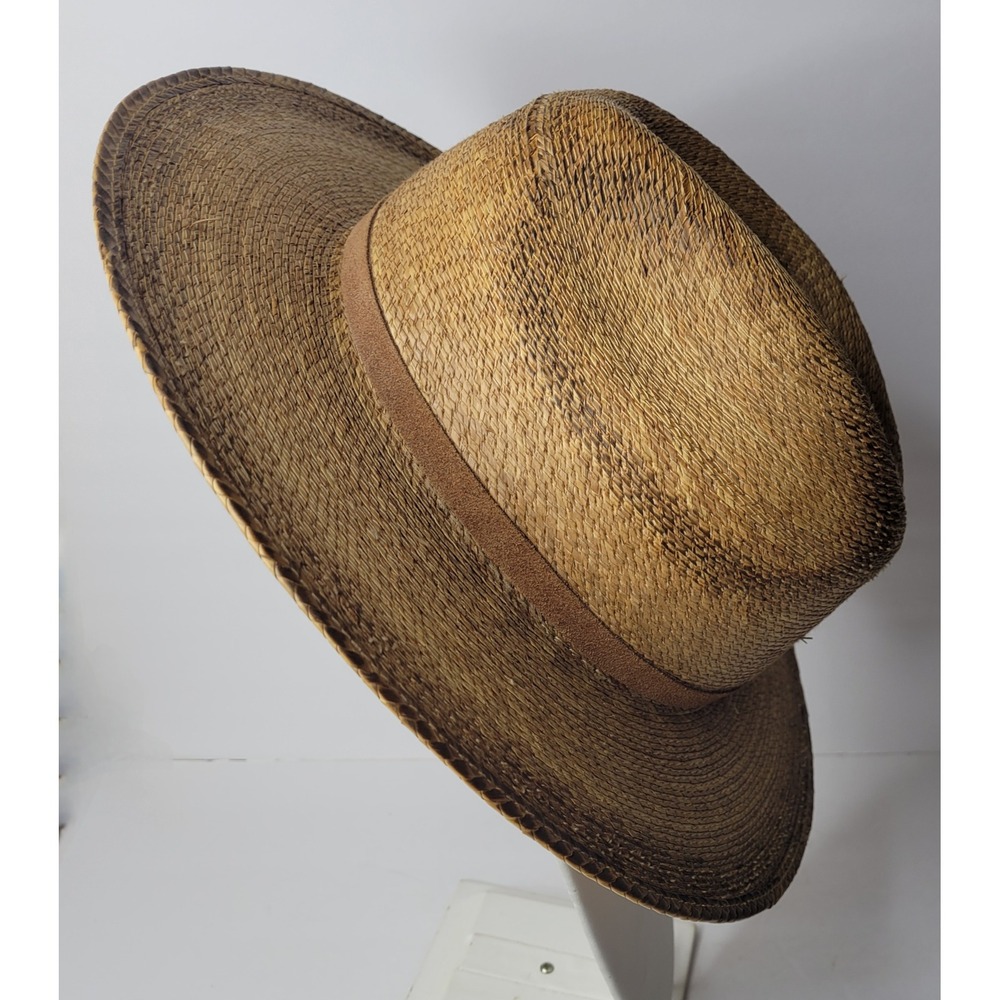 Stetson Open Road Stained Straw Fedora Hat Tan Brown with Leather Hatband  Large